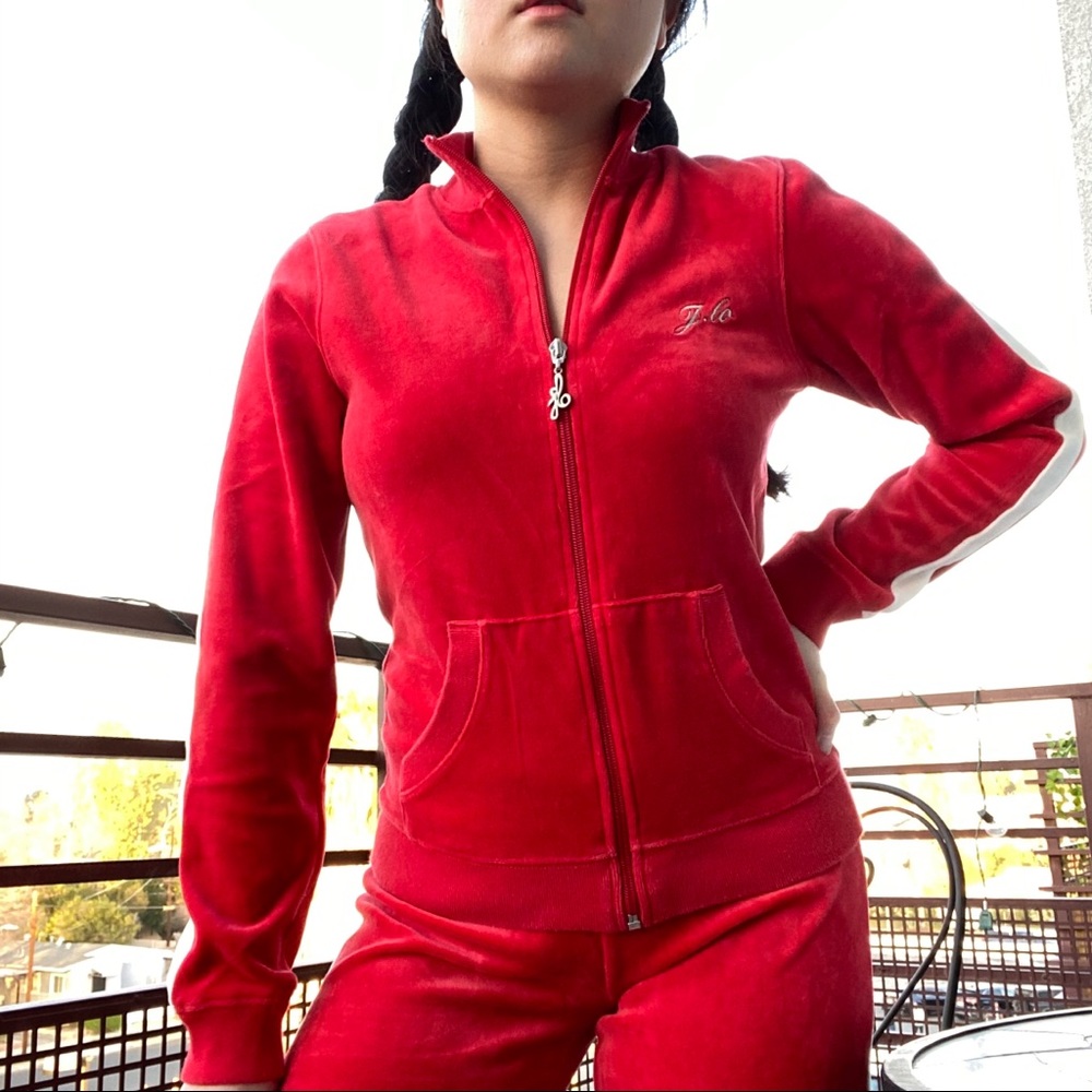 JLO Velour Tracksuit in Red with cream stripe